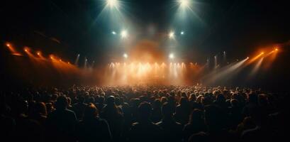 ai gegenereerd menigte Bij concert lit omhoog licht balken foto