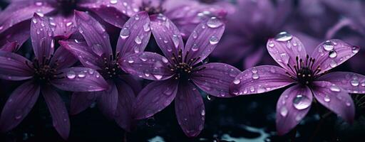 ai gegenereerd een dichtbij omhoog van Purper bloemen met regen druppels in de achtergrond foto