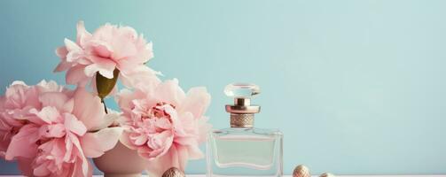 ai gegenereerd een parfum fles reeks De volgende naar roze bloemen foto