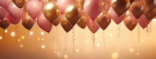 ai gegenereerd een roze en goud ballonnen over- een gloeiend roze achtergrond foto