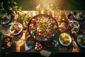 ai gegenereerd dining tafel met verschillend voedsel Aan het Bij zonsondergang. top visie, barbecue Koken buitenshuis vrije tijd partij, top visie, ai gegenereerd foto