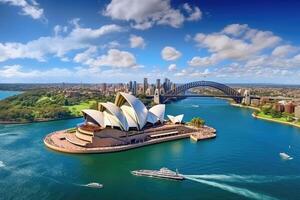 ai gegenereerd Sydney opera huis en haven brug antenne visie, Australië, mooi antenne visie van de Sydney opera huis door de baai in Australië, panoramisch visie, ai gegenereerd foto