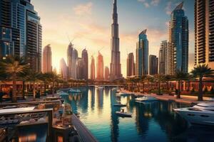 ai gegenereerd Dubai horizon Bij zonsondergang, Verenigde Arabisch emiraten. Dubai is de snelste groeit stad in de wereld, mooi Dubai downtown Bij zonsondergang, dubai, Verenigde Arabisch emiraten, ai gegenereerd foto