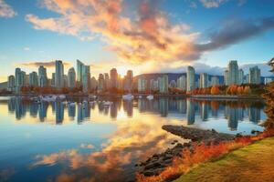 ai gegenereerd zonsondergang in Vancouver, Brits Colombia, Canada. mooi stadsgezicht, mooi visie van de downtown Vancouver horizon, Brits Colombia, Canada, ai gegenereerd foto