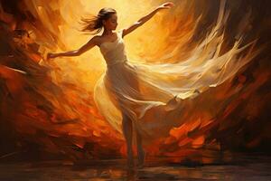 ai gegenereerd mooi jong vrouw in wit jurk dansen Aan oranje achtergrond met golven, actie vliegend dans houding van een vrouw dansen ballet, olie schilderij stijl, ai gegenereerd foto