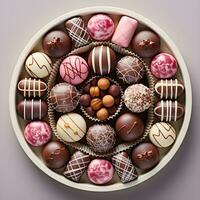 ai gegenereerd romantisch Valentijnsdag dag geschenk. chocola pralines. luxe chocola snoep doos. heerlijk nagerecht. elegant Valentijnsdag dag chocola cadeaus voor iemand speciaal. premie chocola snoep. foto