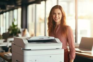 ai gegenereerd kantoor arbeider prints papier Aan multifunctioneel laser printer. document en papierwerk concept. secretaris werk. glimlachen vrouw werken in bedrijf kantoor. kopiëren, afdrukken, scannen, en fax machine. foto