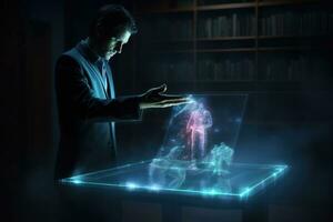 ai gegenereerd zakenman gebruik makend van tablet met virtueel hologram. toekomst technologie concept. 3d weergave, een zakenman toepassingen een digitaal tablet met een hologram scherm in een 3d weergave, ai gegenereerd foto