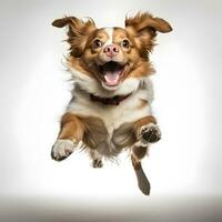 ai gegenereerd portret van een schattig rood grens collie hond jumping Aan wit achtergrond foto