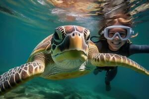 ai gegenereerd een meisje en schildpad onderwater, snorkelen. ai gegenereerd foto