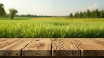 ai gegenereerd leeg houten tafel top over- groen veld- met wazig achtergrond foto