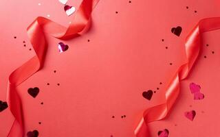 Valentijn rood linten, confetti en cadeaus Aan rood achtergrond foto