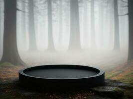 ai gegenereerd leeg ronde zwart podium Aan een steen platform met een wazig achtergrond van herfst Woud en mist in bewolkt weer foto