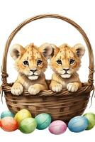 ai gegenereerd grafisch van een baby leeuw in een Pasen mand met Pasen eieren foto