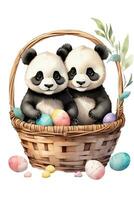 ai gegenereerd schattig grafisch van een panda in een Pasen mand met Pasen eieren foto