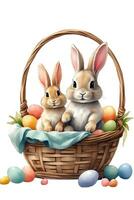 ai gegenereerd grafiek van twee konijnen in een Pasen mand met Pasen eieren foto