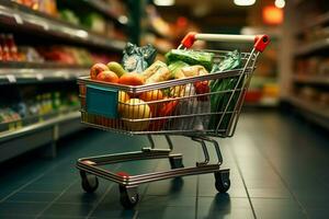 ai gegenereerd kruidenier halen trolley in supermarkt houdt een tas, klaar voor gebruik foto