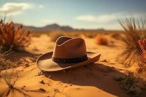 ai gegenereerd hoed in de woestijn een tintje van stijl Aan zanderig terrein foto