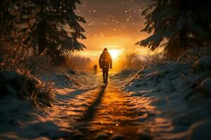 ai gegenereerd zonsondergang zwerver individu doorkruist besneeuwd pad Aan winter avond foto