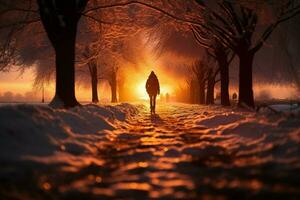 ai gegenereerd winter schemer individu wandelingen Aan een besneeuwd weg onder zonsondergang foto