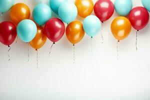 ai gegenereerd vrolijk eenvoud kleurrijk ballonnen brengen vreugde naar een wit achtergrond foto