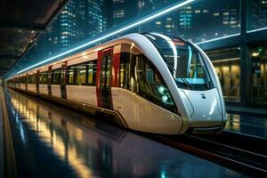 ai gegenereerd strak metro trein glijdt door de station, presentatie van modern rendement foto