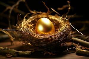 ai gegenereerd aard schat een glinsterende gouden ei genesteld te midden van vogel nest twijgen foto