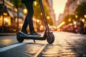 ai gegenereerd stad straat avontuur persoon ritsen Aan elektrisch scooter, modern woon-werkverkeer foto