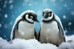 ai gegenereerd pinguïns in sneeuw, zwart en wit veren vitrine eenheid en warmte foto