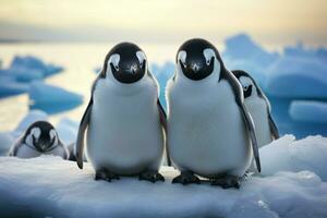 ai gegenereerd arctisch harmonie pinguïns staan samen, zwart en wit veren glanzend foto