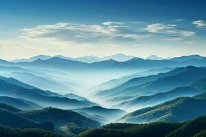 ai gegenereerd bergen in de ochtend- licht onder een backdrop van Doorzichtig blauw foto