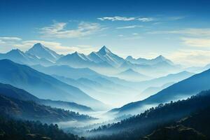 ai gegenereerd aard kalmte ochtend- bergen tegen een canvas van Doorzichtig blauw foto