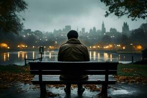 ai gegenereerd regenachtig eenzaamheid persoon zit Aan bank, overweegt stadsgezicht in regenval foto