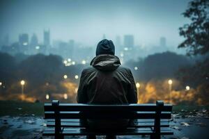ai gegenereerd regenachtig eenzaamheid persoon zit Aan bank, overweegt stadsgezicht in regenval foto