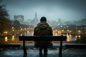 ai gegenereerd bank eenzaamheid persoon omarmt regenachtig weer tegen stad backdrop foto