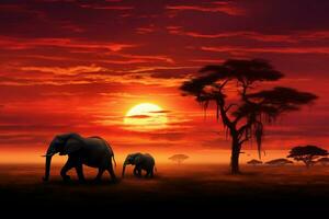 ai gegenereerd savanne schouwspel olifanten sierlijk grazen onder de levendig Afrikaanse zonsondergang foto