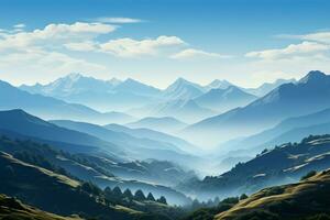 ai gegenereerd serenade van bergen een rustig ochtend- tegen een Doorzichtig lucht foto