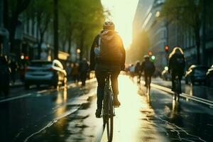 ai gegenereerd fietsers navigeren bezig stad straat, het weven door stedelijk drukte foto
