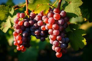ai gegenereerd wijnstokken van genoeg druiven toenemen weelderig, veelbelovend een vruchtbaar oogst foto