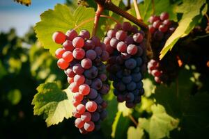 ai gegenereerd wijnstokken van genoeg druiven toenemen weelderig, veelbelovend een vruchtbaar oogst foto