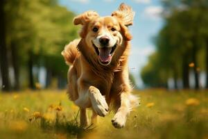 ai gegenereerd bevallig sprint gouden retriever loopt vrij in een zonovergoten weide foto