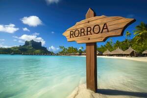 ai gegenereerd houten wegwijzer Aan tropisch strand, concept van reizen en vakantie, bora bora houten teken met een strand achtergrond, ai gegenereerd foto