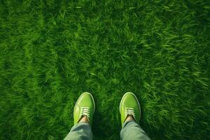 ai gegenereerd voeten in groen sportschoenen Aan groen gras achtergrond. top visie, vastleggen een direct bovenstaand schot van vers groen gras of gazon, ai gegenereerd foto