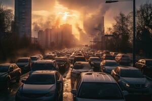 ai gegenereerd auto's in een parkeren veel Bij zonsondergang, Moskou, Rusland, auto verkeer in de stad, lucht vervuiling, ai gegenereerd foto