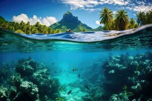 ai gegenereerd onderwater- visie van tropisch eiland met palm bomen en zanderig strand, bora bora onderwater, ai gegenereerd foto