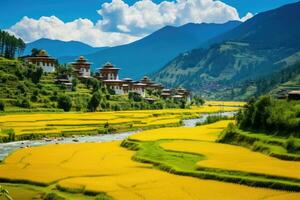 ai gegenereerd rijstveld veld- in sapa, lao cai, Vietnam, bhutan, tashicho dzong in Thimphu, omringd door geel rijst- velden, een rivier, en bergen, ai gegenereerd foto