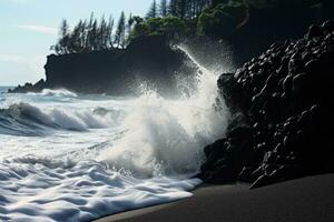 ai gegenereerd golven crashen Aan zwart zand strand in Hawaii, groot eiland, silhouetten van toeristen genieten van de zwart zand strand en oceaan golven, ai gegenereerd foto