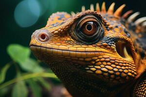 ai gegenereerd dieren in het wild detail reptiel dichtbij omhoog Aan boom tak, verbijsterend achtergrond foto