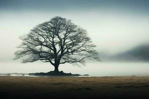 ai gegenereerd majestueus isolatie een eenzaam boom komt tevoorschijn van de de nevel alleen foto