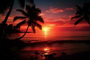 ai gegenereerd avond paradijs palm boom silhouet Aan een zonsondergang gekust tropisch strand foto